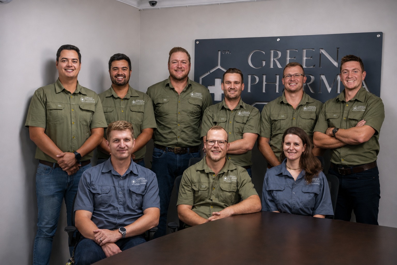 Nine members of the Green Pharma team, six standing and three seated, in front of the wall sign in the boardroom